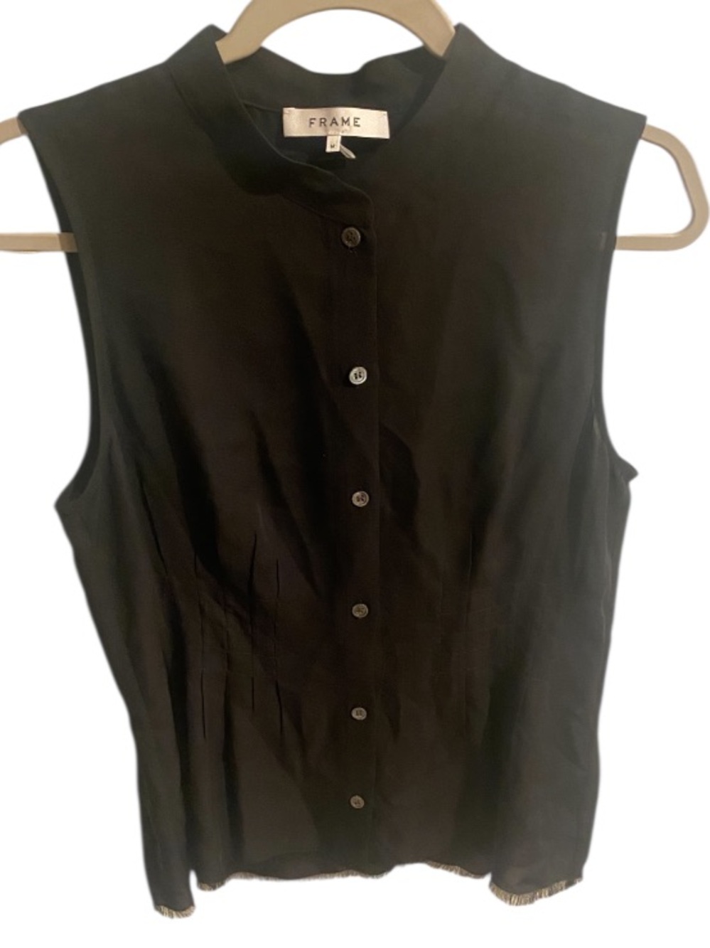 Frame Denim Black Sleeveless Mandarin Collar Button-Down Top Size Medium